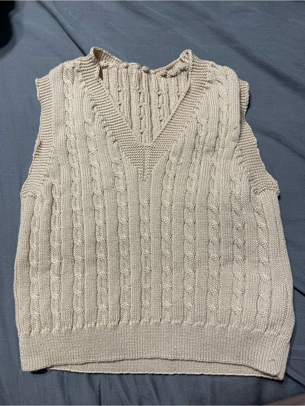 Cable Knit V-Neck Sweater Vest in Light Beige